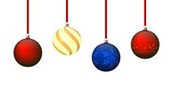 Fototapeta Zachód słońca - Realistic red, gold, blue Christmas balls with red ribbon on white background