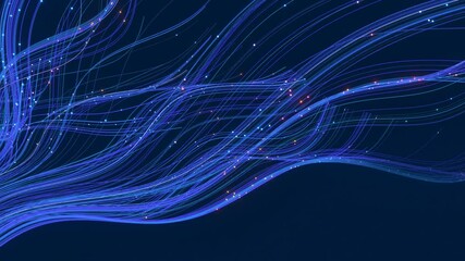 Poster - abstract glowing blue fibers moving gently in front of a dark blue background. 3d render / rendering