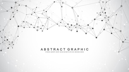 Fototapete - Geometric abstract background with connected lines and dots. Connectivity flow point. Molecule and communication background. Graphic connection background for your design. Vector illustration.