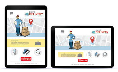 Poster - online delivery service vector ui on tablet computer screen. vertical and horizontal responsive desi