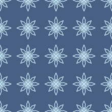 Navy Blue Seamless Pattern With Simple Blue Snowflakes For Christmas And New Year Design, Wrapping Paper, Wallpapers. 