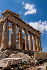 Athenian pantheon close up. Columns of the Athenian pantheon. Marble columns of an ancient temple. Ancient Roman architecture preserved to this day