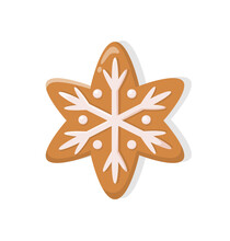 Holiday Gingerbread Of Brown Snowflake With Lines And Points Of Pattern Snow Of Flake. Holiday Cookie In Realistic Style Isolated On White Vector