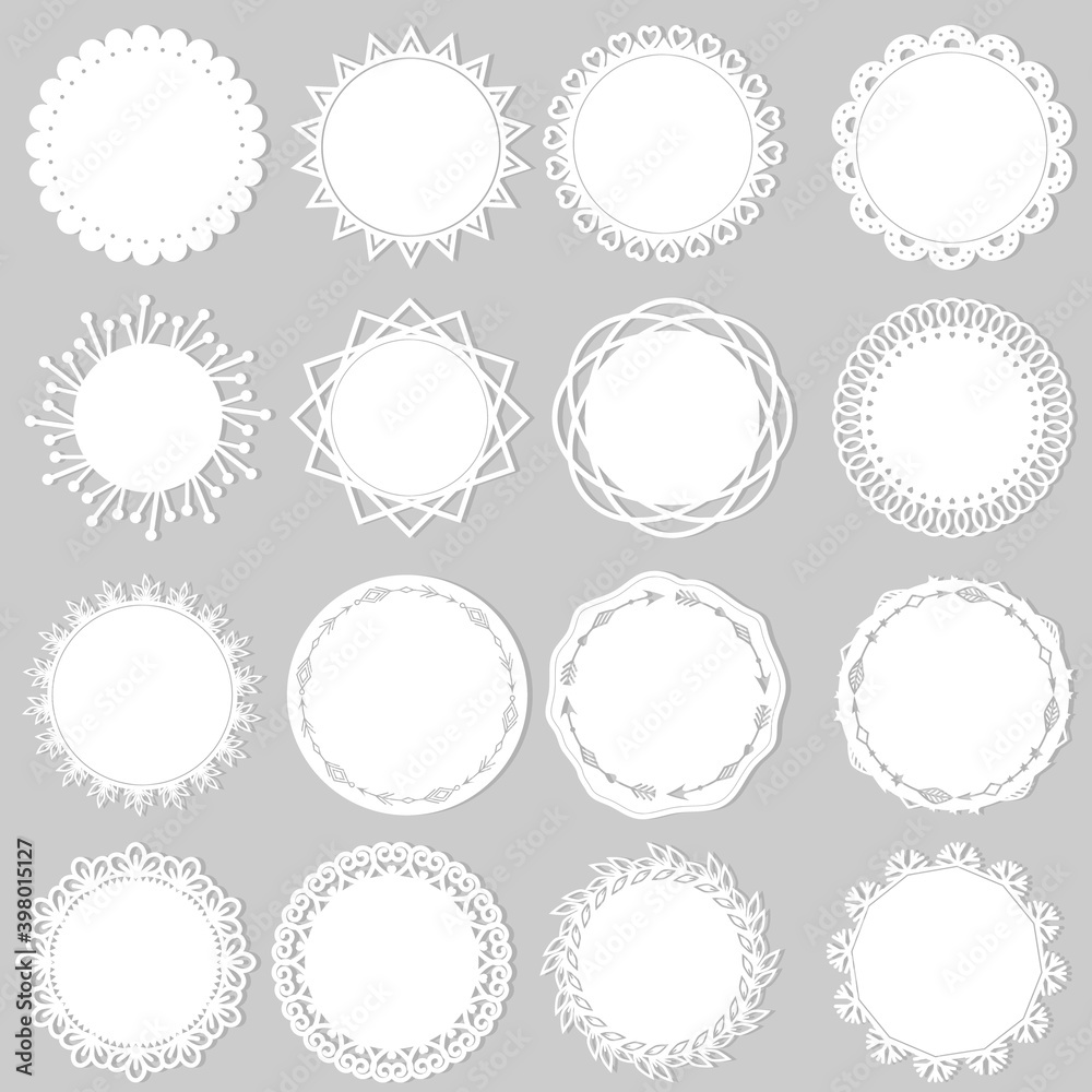 Set of white openwork napkins, vector illustration, paper scrapbooking, laser cutting, clipart, design, decoration, paper, template - obrazy, fototapety, plakaty 