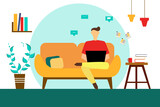 Freelancer working with laptop at home. Vector illustration in flat style. 
