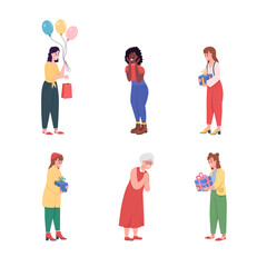 Poster - Happy birthday female flat color vector detailed character set