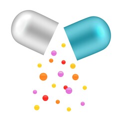 Poster - Falling vitamins from open capsule. Realistic pills, medicine or pharmaceutical science research. Isolated drugs vector concept. Illustration pill closeup supplement, realistic multivitamin medication