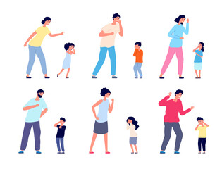 Sticker - Parents scream to kids. Adults swearing, crying girl punished. Family abuse, isolated woman mother scolding little children utter vector set. Screaming and shouting parents to child illustration