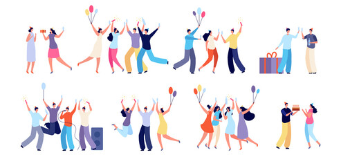 Wall Mural - Birthday party people. Celebration characters, happy woman with balloons. Surprise event, confetti cake and presents utter vector set. People birthday party, greeting and celebration illustration