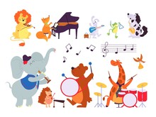 Music Animals. Musician Play Instruments, Forest Dwellers With Sax Tambourine Violin Drum. Cartoon Lion Fox Bunny Vector. Illustration Elephant And Lion, Fox And Giraffe, Pianist And Rhythm Bass