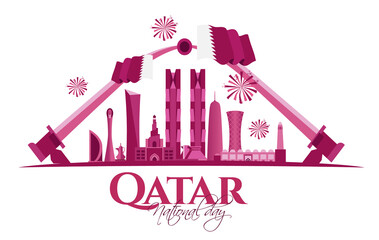 Qatar National Day of Qatar. a national holiday celebrating the union and gaining independence Qatar December 18, 1878. silhouettes sights of Qatar capital of Doha vector holiday illustration.