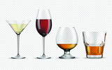 Fototapeta  - Set of glasses for spirits isolated on a transparent background. Wine glasses whiskey rum and cocktails. Vector illustration.
