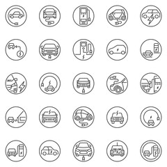 Wall Mural - Electric Car or EV outline round icons set. Vector Electric Vehicle concept symbols