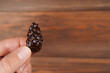 Sweet pine cone candy in black plate on wooden background. Healthy dessert, nutrition, jam recipe concept. Close-up, copy space