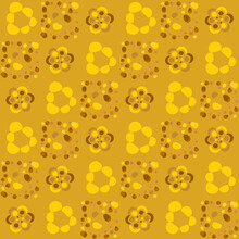 Fortuna Gold Geometric Pattern Of Small And Large Circles And Bubbles. Fortuna Gold Background With Yellow, Brown Flower