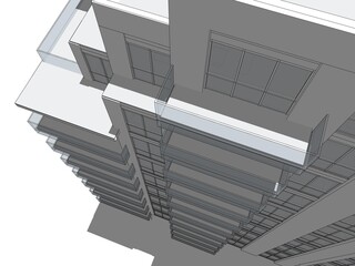 Poster - 3D illustration of a residential block's corner. Architectural perspective looking down sharply on white background. White walls with strong deep shadow on facade.
