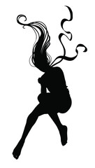 Silhouette of a Girl floating in the air without clothes, confused clenched in a ball, her hair and scarf flow beautifully up. 2D illustration.