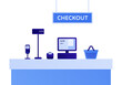 Self checkout grocery kiosk concept. Vector flat illustration. Set of digital device of cashier, electronic pos, scanner. Design element for supermarket ad, web banner.