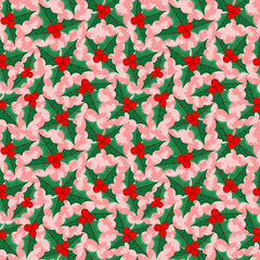 Poster - Christmas background with holly berries on a pink background.