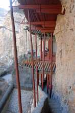 The Hanging Temple Or Hanging Monastery Near Datong In Shanxi Province, China. View From Within The Temple Showing The Support Struts. The Hanging Temple Is A Major Tourist Sight Near Datong.