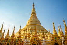 Golden Main Stupa Of Shwedagon Pagoda, In Yangon Burma Myanmar