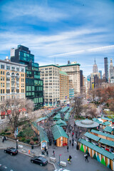 Sticker - NEW YORK CITY - DECEMBER 6, 2018: Traffic along Union Square, aerial view