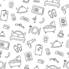 Hotel services hand drawn pattern. Vector illustration in doodle style on white background