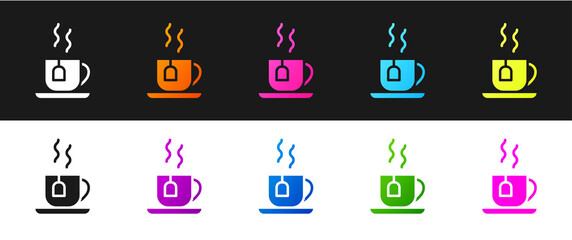 Wall Mural - Set Cup of tea with tea bag icon isolated on black and white background. Vector.