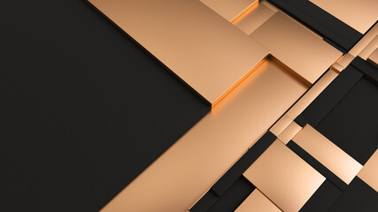 Aufkleber - Black and golden tessellated rectangular surface. Abstract background with fragmented tiles. 3D Illustration render design pattern with place for text. Subdivided modern mosaic bacdrop