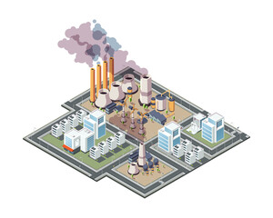 Industrial city. Urban factory pollution air garbage in city 3d low poly isometric buildings vector. Pollution city urban, factory industrial illustration