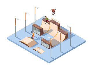 Wall Mural - Skate park. Young teenagers active riders and jumpers extreme sport activities skateboard performance vector isometric background. Skatepark city, person activity and recreation illustration