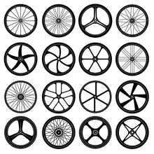 Bicycle Wheels. Tires Silhouettes Bike Wheels With Metal Spokes Vector Symbols Collection. Illustration Tire Rubber For Cycle Transportation