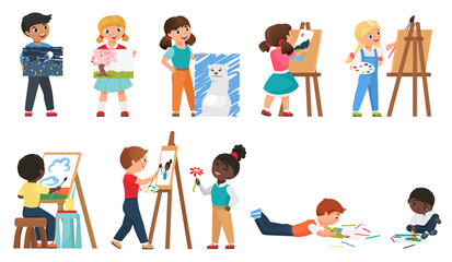 Kids painting vector illustration set. Cartoon young artist characters drawing art work with painting tools, preschool or school children standing in front of easel, childhood hobby isolated on white