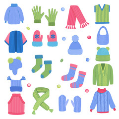 Wall Mural - Winter clothes. Fabric knitting stylish wardrobe scarf woolen coat cardigan wear clothes vector set. Illustration fabric accessory, christmas textile clothing