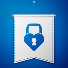 Blue Castle in the shape of a heart icon isolated on blue background. Locked Heart. Love symbol and keyhole sign. White pennant template. Vector.