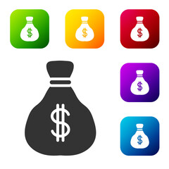 Black Money bag icon isolated on white background. Dollar or USD symbol. Cash Banking currency sign. Set icons in color square buttons. Vector.