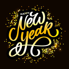 Sticker - Happy New Year 2021 Beautiful greeting card poster with calligraphy black text word gold fireworks. Hand drawn design elements. Handwritten modern brush lettering white background isolated vector