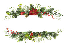 Christmas Banner With Fir Branches, Poinsettia Flower, Holly Berry And Space For Text. Postcard. Christmas Background.