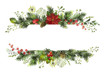 Sticker - Christmas banner with fir branches, poinsettia flower, holly berry and space for text. Postcard. Christmas background.
