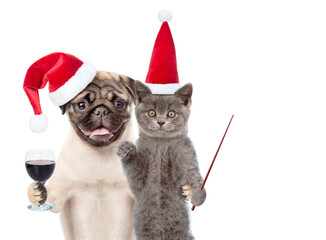 Aufkleber - Pug puppy holds glass of a wine. Funny cat points away on empty space. Pets wearing red christmas hats. isolated on white background
