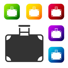 Black Suitcase for travel icon isolated on white background. Traveling baggage sign. Travel luggage icon. Set icons in color square buttons. Vector.