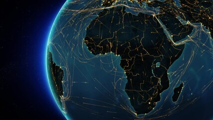 african map with yellow lines. animation of the earth with bright connections representing aerial, m