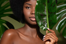 Beauty Portrait Of Young Beautiful African American Woman With Posing With Banana Leaf Curly Hair Against Green Exotixc Plants  Background. Natural Skin Care Concept