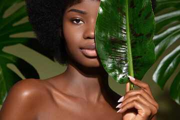 beauty portrait of young beautiful african american woman with posing with banana leaf curly hair ag