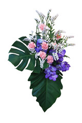 Wall Mural - Tropical leaves and flowers floral arrangement, wedding flowers decoration with Monstera and Philodendron leaves and purple orchid, pink carnation, and white statice flowers bouquet isolated on white