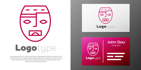 Sticker - Logotype line Mexican mayan or aztec mask icon isolated on white background. Logo design template element. Vector.