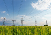 High Voltage Lines And Power Pylons And A Green Agricultural Landscape On A Sunny Day.