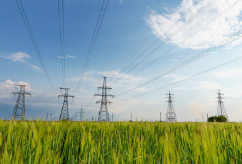 Wall Mural - high voltage lines and power pylons and a green agricultural landscape on a sunny day.