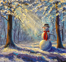 Oil Painting Happy Snowman Illuminated By Rays Of Sun In Winter Forest Modern Art Watercolor Artwork