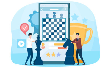Wall Mural - Two male characters playing online chess game. Abstract concept of playing video games on smartphone. Flat cartoon vector illustration